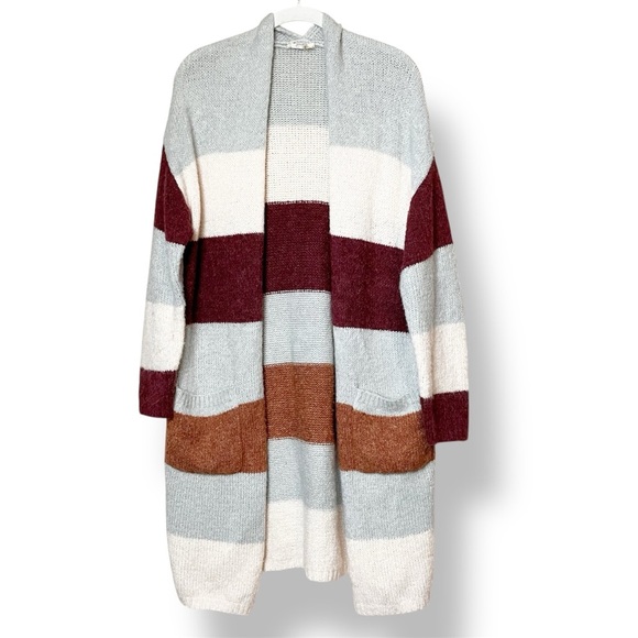 Entro Chunky Open Front Cardigan Medium sweater striped fuzzy pockets long - Picture 1 of 11